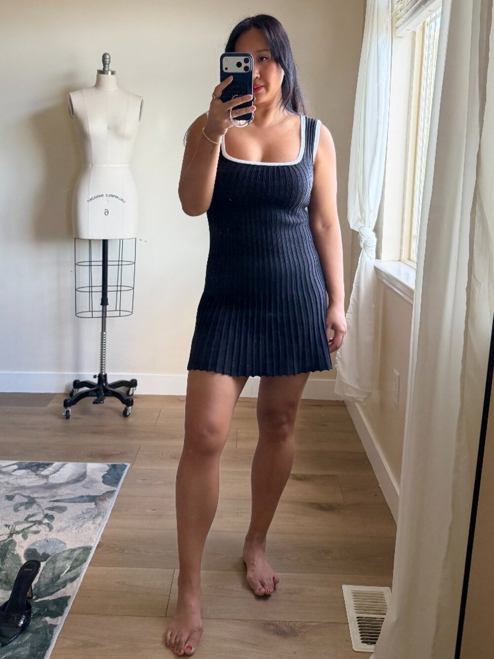 Black White Mini Dress | Pleated Bandage Knit | Square Neck Tank Dress | S